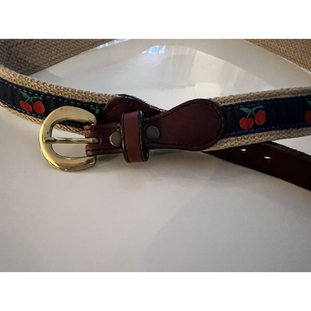VTG  Belt Leather Canvas Red CHERRIES USA Womens Small Solid Brass Buckle Preppy